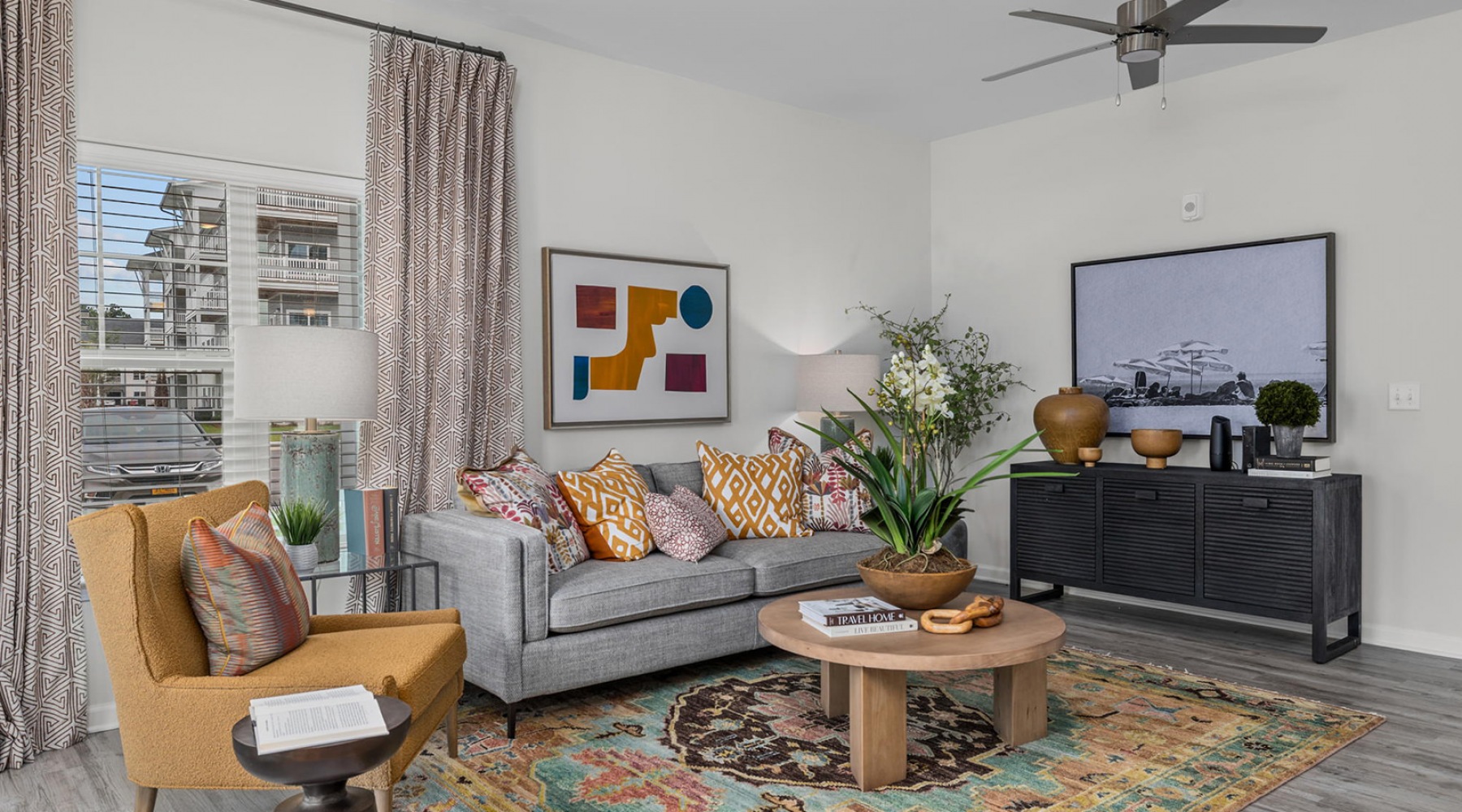living room with ceiling fan
